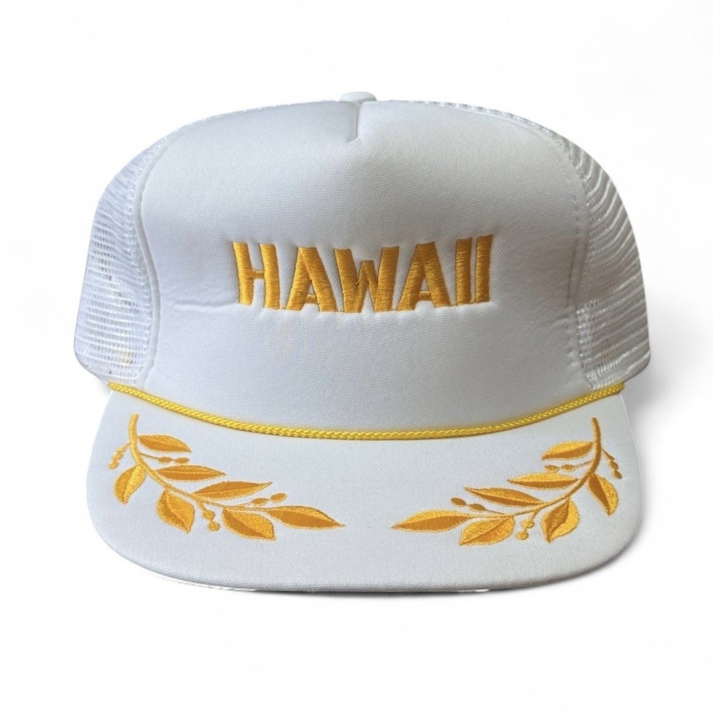 Vintage Hawaii Hat Cap Snap Back White Gold Leaf Rope One Size Mesh Foam Trucker